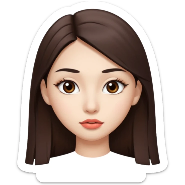 Una chica con piel muy clarita con pleo liso largo de color castaño y unos ojos marrones oscuro y labios grandes y nariz bonita y con unas pestañas que parezca asiatica que tenga las cejas un poquito mas juntas sticker