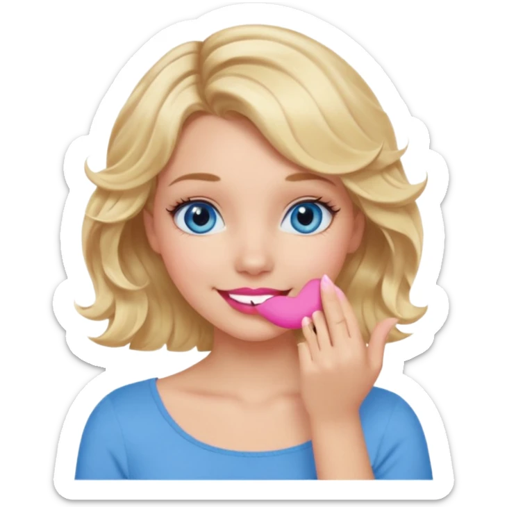 Girl Blonde short wavy hair,  blue eyes, cute blue top, long lashes, pink lips, smiling, hand covering the mouth sticker
