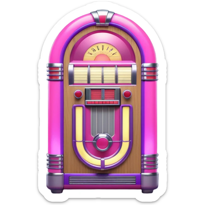 3D render of Jukebox, vintage 1980s audio equipment aesthetic, tactile analog buttons, neon pink and purple light tubes with chrome trim, mixed wood grain and brushed aluminum textures, Apple emoji style, isolated on white background --v 6.0 sticker