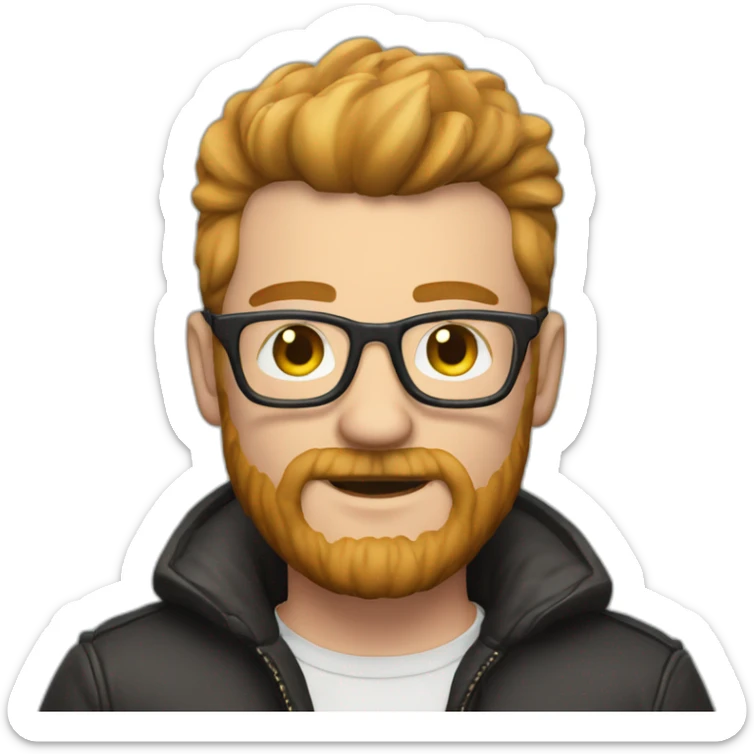 white man with brown beard and pink mohawk haircut and thick glasses wearing a leather coat sticker