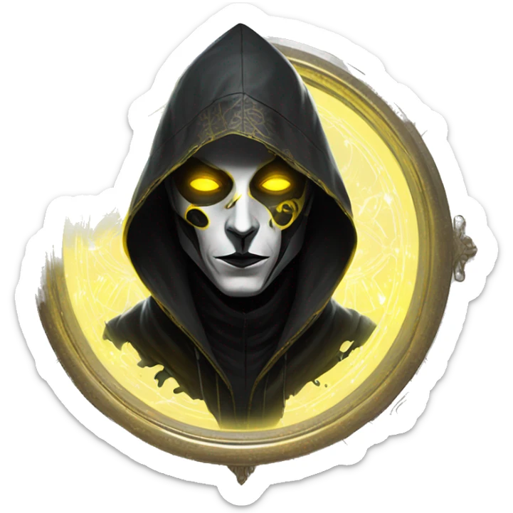 A digital painting of a SPECTRE, cyberpunk man with glowing yellow eyes and black and white face paint, wearing a dark hooded cloak, portrait, intricate details, silver ornate circular frame sticker