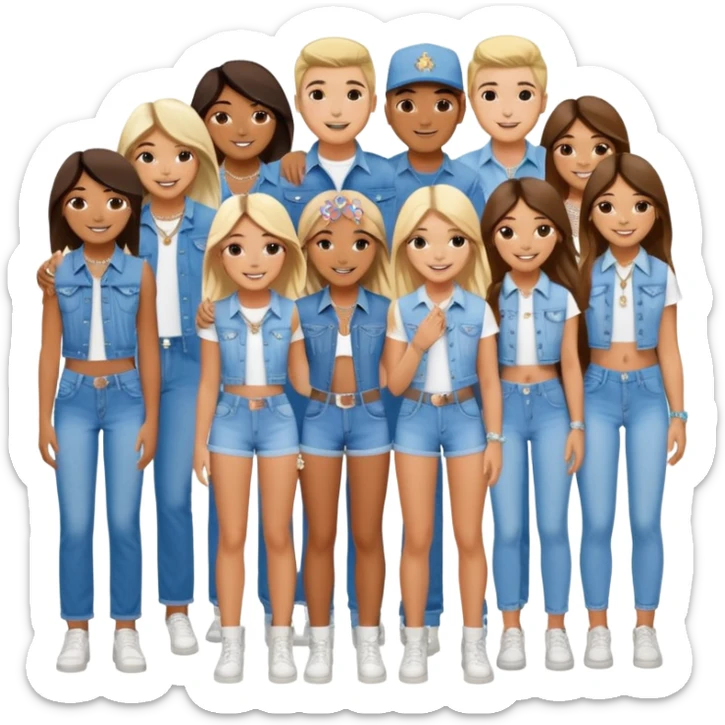 Group of 19 friends at Coachella festival in matching denim and diamonds themed outfits (9 girls and 10 boys) sticker