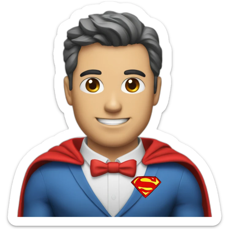 An employee of a real estate agency in a Superman suit with a red letter e on his chest sticker