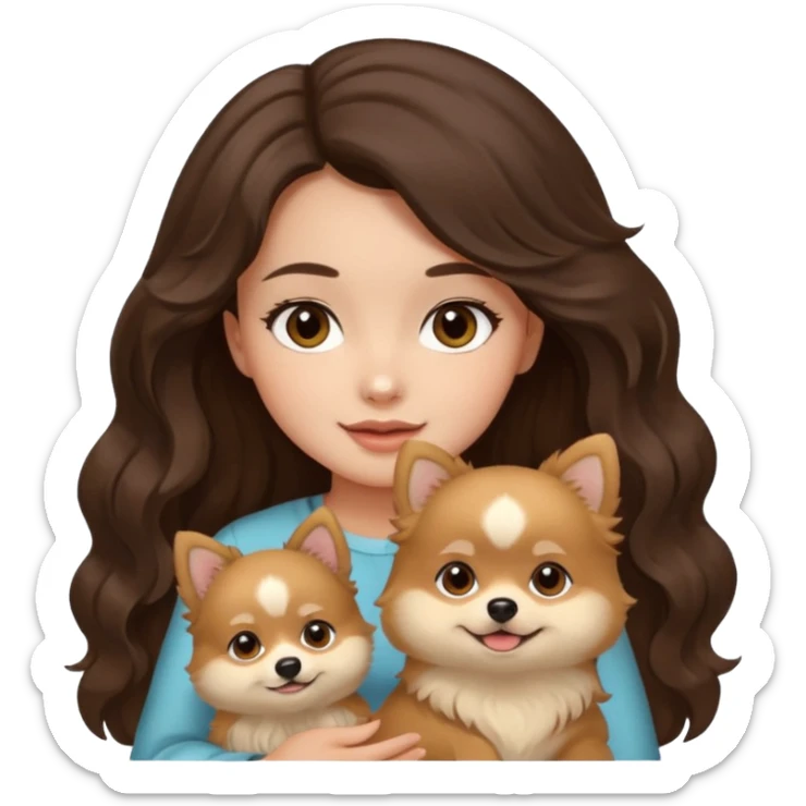 light-skinned-girl-wavy-dark-brown-hair-brown-eyes-petting-light-beige-pomeranian sticker