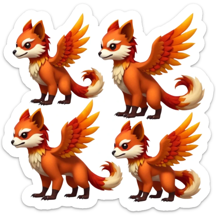 4-legged scaly Gryphon-Talonflame-Red-Panda-fusion-hybrid-animal-Fakémon-creature, full body sticker