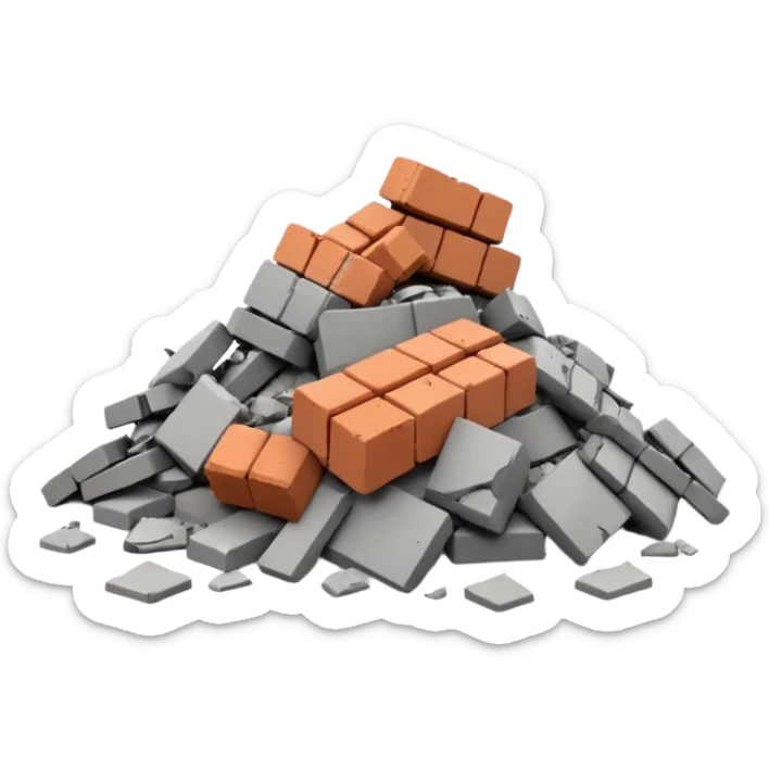 3D iPhone style emoji of a pile of bricks, roof pieces, and wall rubble, scattered and broken, isolated on white background, soft shadows, high detail, playful and cute sticker