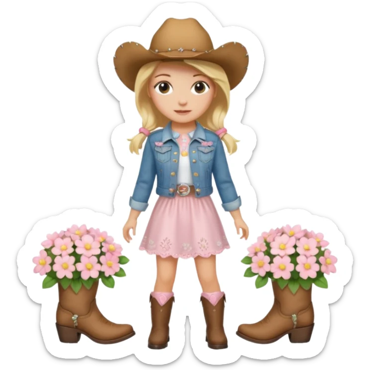 Blonde cowgirl with a cute whit dress with soft pink flowers, with a jean jacket and cowgirl boots sticker