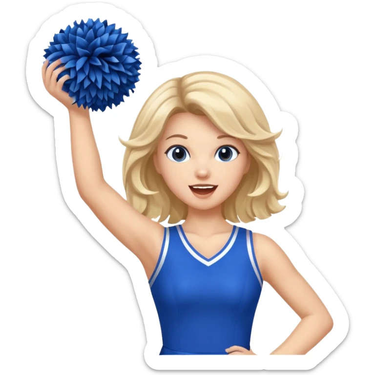 football cheerleader, holding big cheering pom, blue dress and red skin sticker