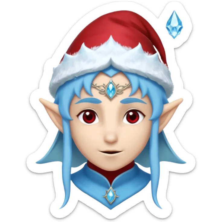 Fantasy elf portrait emoji, Santa Claus hat with icy frost edges, thin icy crystal crown with deep red accents under the hat, elegant elven features, cold noble winter expression, icy blue and crimson color palette, minimal clean design, flat readable emoji style, male/female variant
 sticker