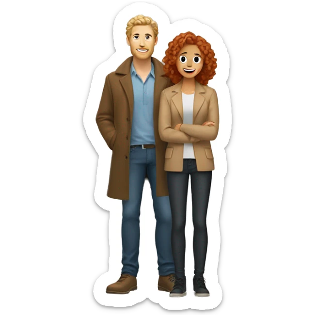 blonde man with curly hair on one knee in front of a woman with red hair in a tan coat sticker