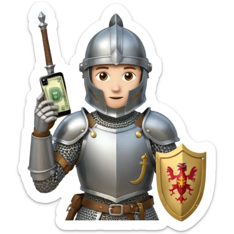 Knight with helmet holding phone and money neutral skin colour sticker