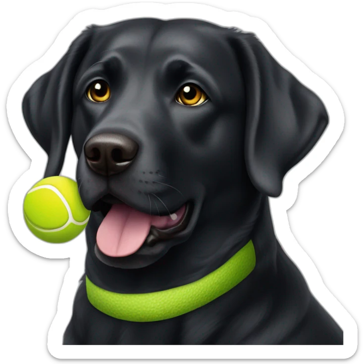 Black Labrador retriever holding tennis ball in mouth small eyes gray hair on chin sticker