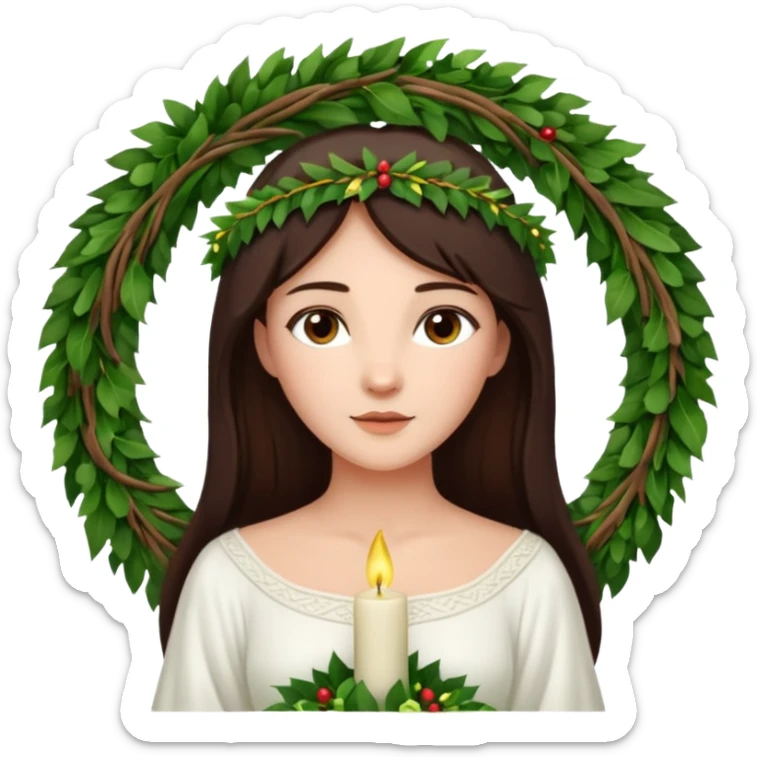 saint lucia with dark brown hair with a white gown and a wreath made from greenery with candles on top of the wreath sticker