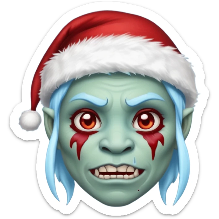 Fantasy orc portrait emoji, Santa Claus hat with icy texture, frozen scar glowing deep red against icy blue skin tones, primal winter survival theme, restrained detail, clean readable emoji style, female variant
 sticker