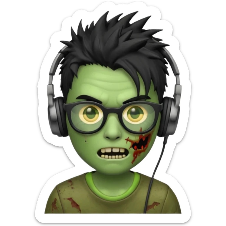 make a zombie iphone emoji with black  glasses, scratches black spiky hair and headphone, green skin
 sticker