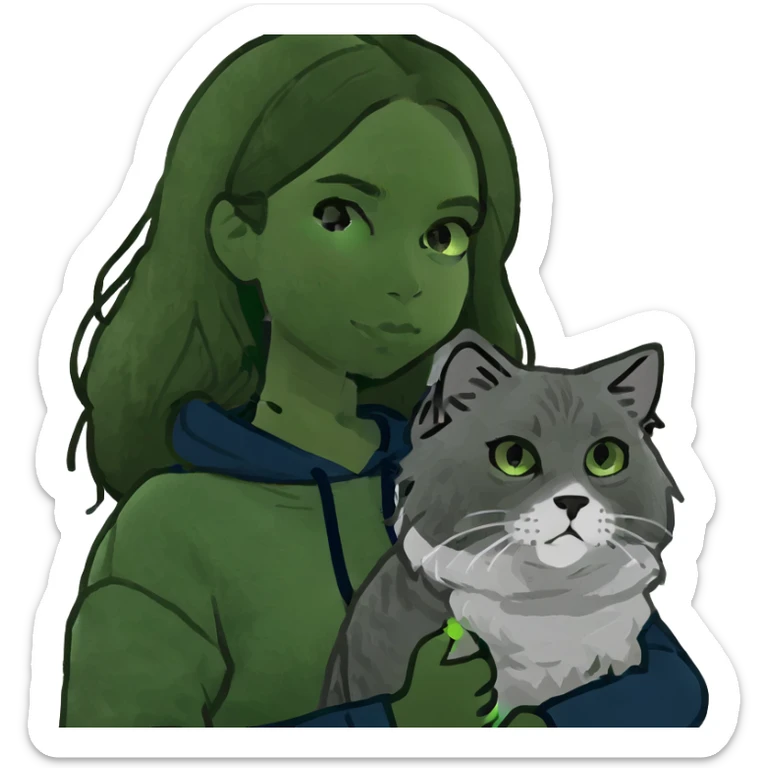 Brunette girl with dark blue sweatshirt holding a fluffy grey Siberian cat sticker