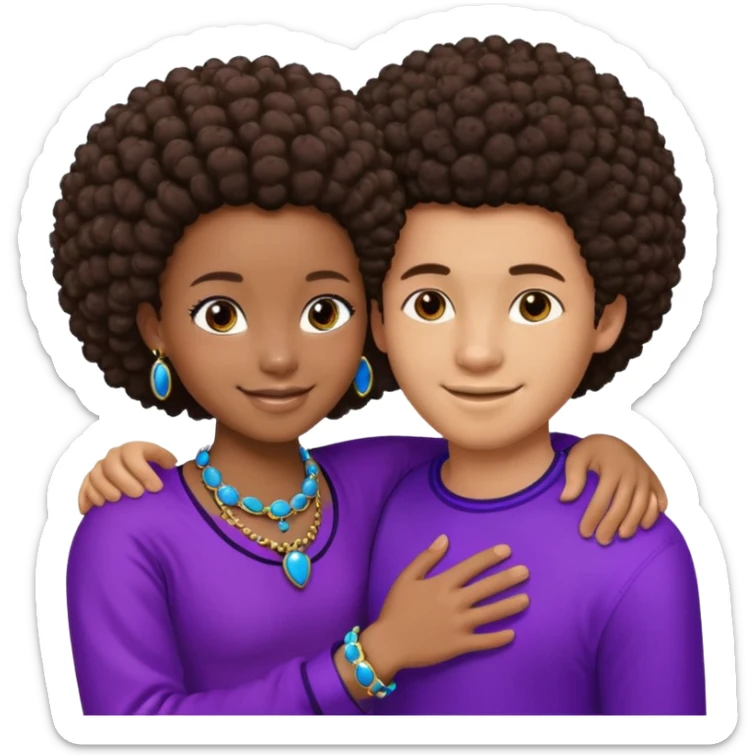 Tan male with short brown hair, smiling and hugging, black African girl with Afro in purple clothes with blue jewelry sticker