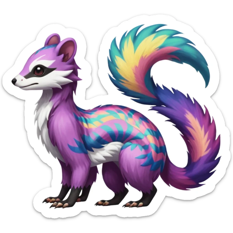 Colorful diaphanous Trico-Wickerbeast-Sergal-Skunk-Ferret-Furret-Marsupial-Vernid-fusion-Fakemon-animal-hybrid-creature, full body sticker