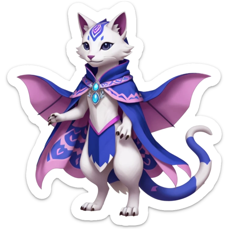 Kawaii white, indigo, purple, pink cute beautiful pretty elegant divine edgy feline-vernid-sergal-Fakémon-Pokémon-Digimon-fursona-animal-creature, full body, with intricate detailed markings, Embroidered capelet, silken shawl sticker