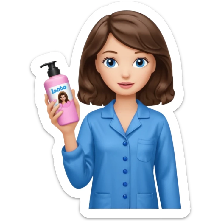 Barbie girl with makeup, blue eyes , and bob long haircut wavy, short brown hair in brown pajamas, face cream in hand sticker