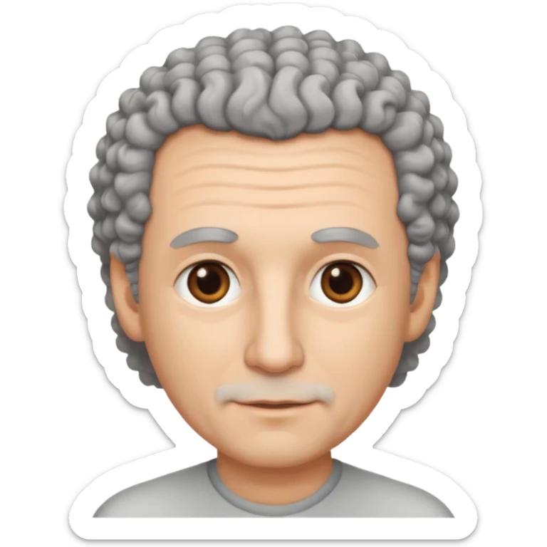 Illustrated emoji of a middle aged man with receding grey curly hair, brown eyes, white skin sticker