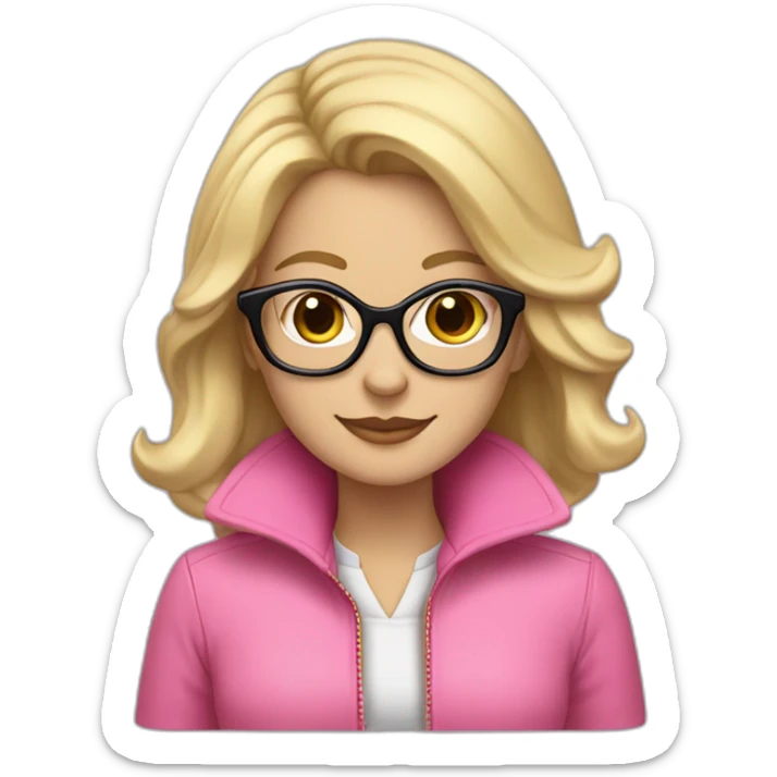 White Woman with Black hair and blonde strands, glasses,ear jewelery, pink flecee jacket, smiling  sticker