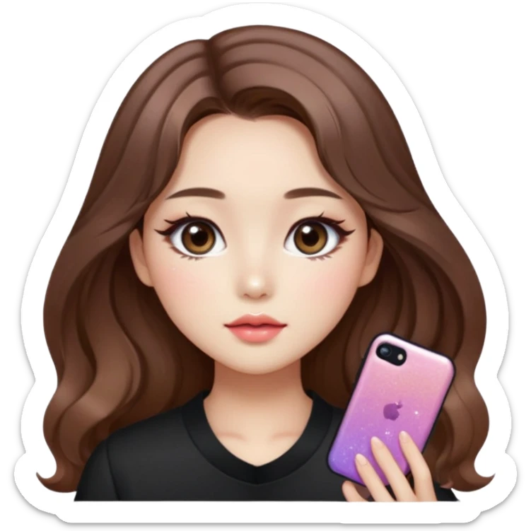 “korean straight brown hair Emoji girl, soft eyeliner and blush, gradient lips, light brown shimmer eyeshadow, sparkly aegyo-sal, long wavy hair,  sticker