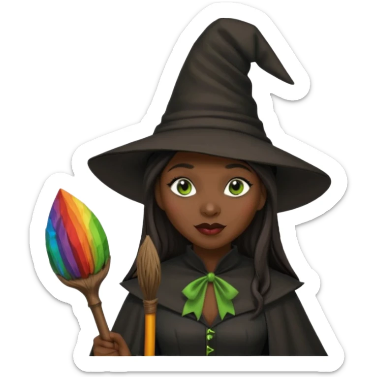 elphaba the wicked witch from wicked movie (cynthia erivo) dark long hair, thick lips, witch hat, broom sticker