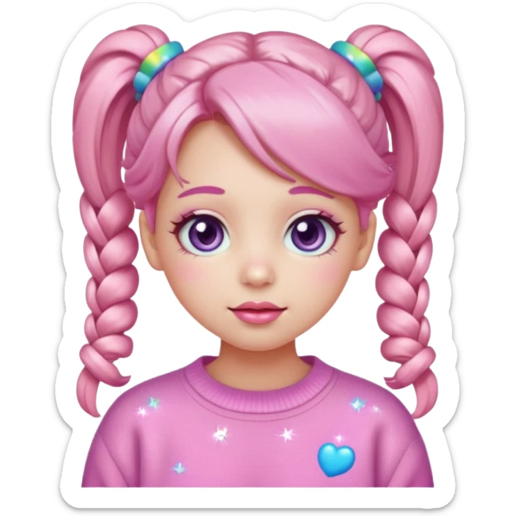 “Emoji girl, pastel pink blush, sparkly wide eyes, glossy bubblegum lips, hair in cute pigtails with colorful clips, wearing oversized pastel sweater.” sticker