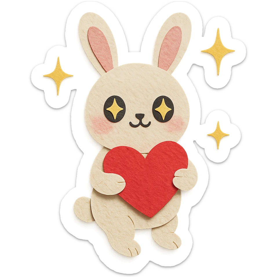 full-body milky white bunny with sparkling eyes, holding a big heart, sparkles floating around, dreamy pose, paper-craft style sticker