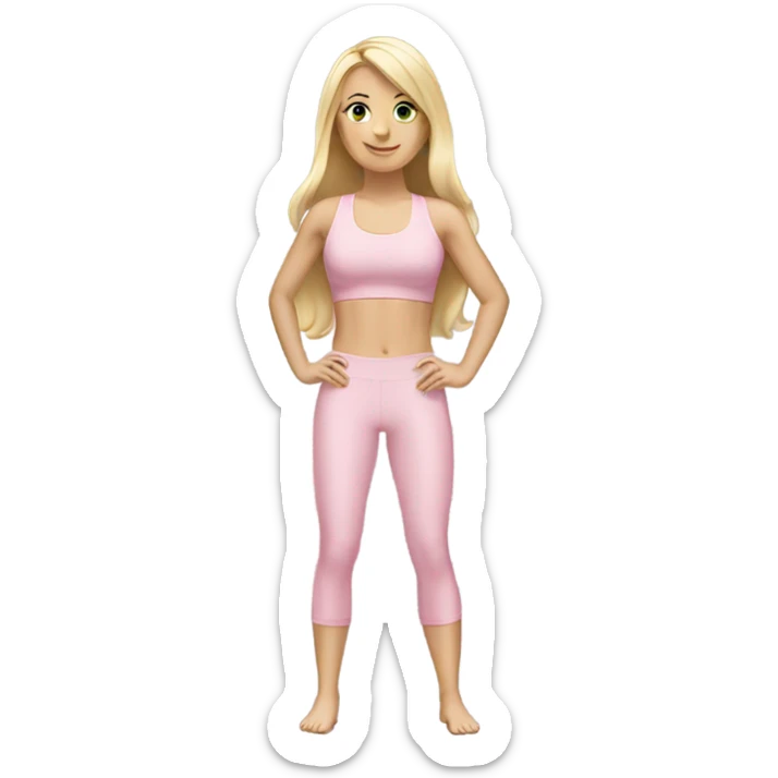A blonde white girl in a light pink fitness suit with a full-length fitness mat sticker