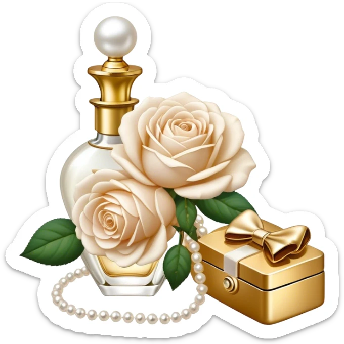 white English rose Benjamin Britten ( flower ) and pearl bow and vintage gold perfume bottle  sticker