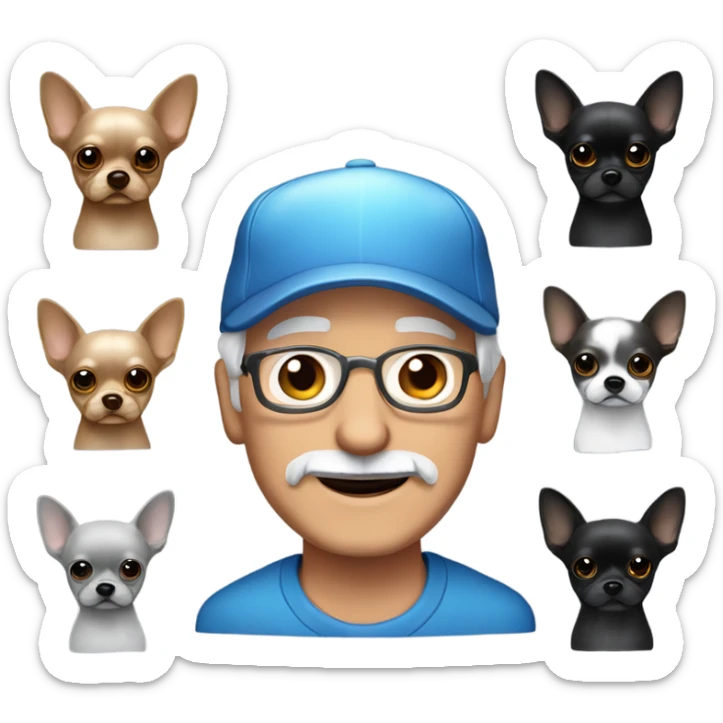 Older man with blue eyes gray hair gray goatee in ball cap holding black longhair chihuahua  sticker