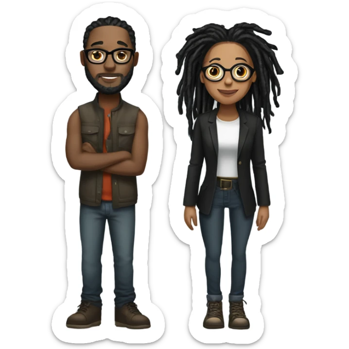 black couple with locs, light skin with long black locs, with glasses and BLACK locs tied up full body sticker