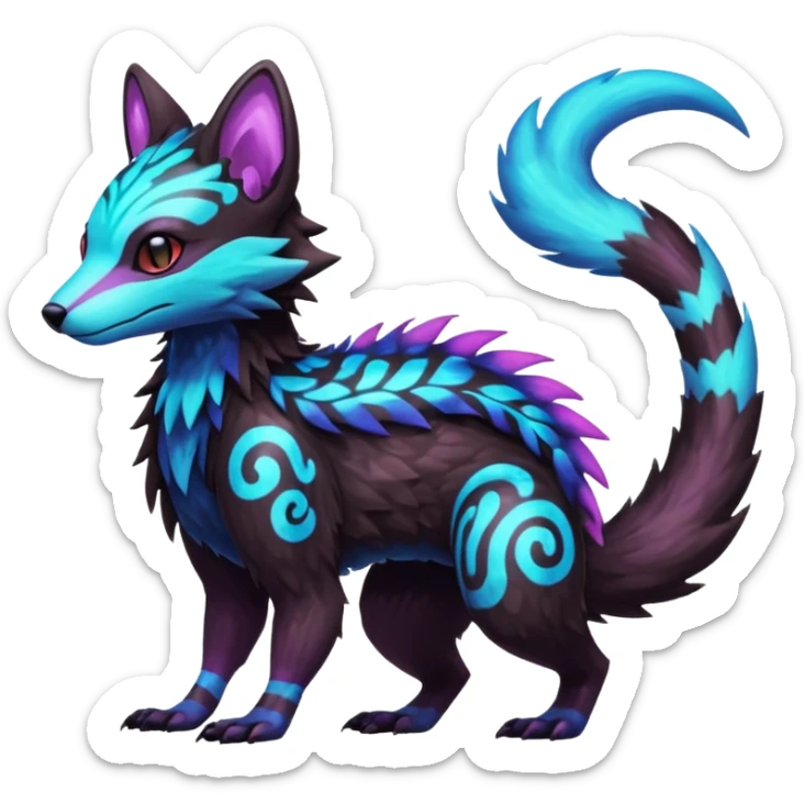 Colorful bioluminescent dark abysmal abyssal neon-glowing Trico-Sergal-Furret-Ferret-Wolverine-Vernid-fusion-Fakemon-animal-hybrid-creature, full body sticker