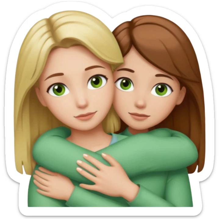 Maman : cheveux marrons, yeux marrons peau blanche fille cheveux blond yeux verts peau blanche qui se font un câlin  sticker