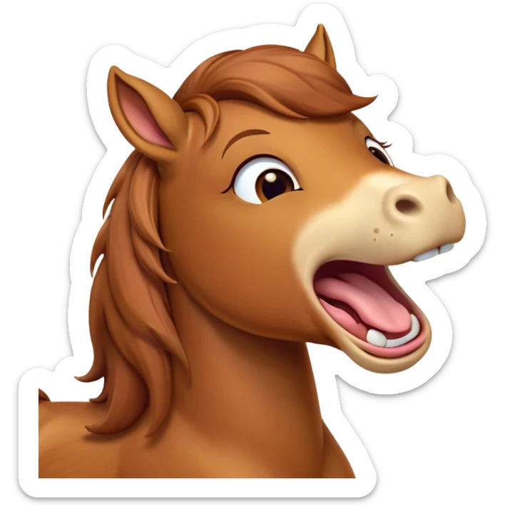 Cinematic Cute Yawning Chestnut Horse Portrait Emoji, Head tilted slightly with a dramatic, wide-open yawn, revealing a smooth chestnut fur with a subtle shimmer, floppy ears slightly drooping, round amber eyes barely open in drowsy contentment, Simplified yet irresistibly adorable features, highly detailed, glowing with a soft, cozy glow, high shine, relaxed yet expressive, stylized with a touch of equine whimsy, bright and endearing, soft glowing outline, capturing the essence of a sleepy yet affectionate horse, so drowsy it feels like it could stretch out of the screen and curl up for a nap! sticker