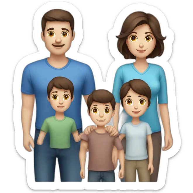 A family with mother with brown hair and blue eyes- a father with dark brown hair and brown eyes- two boy with dark brown hairs and a old sister with dark brown hair and blue eyes sticker