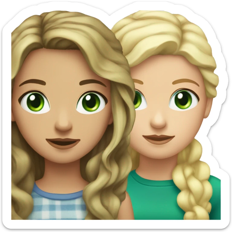 Brunette girl whit wavy hair and green eyes standing besides a flat haired blonde girl whit blue eyes sticker