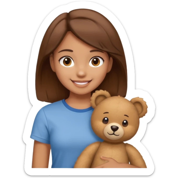 A Girl with Brown hair and Brown eyes with a t-shirt of a Teddy bear sticker