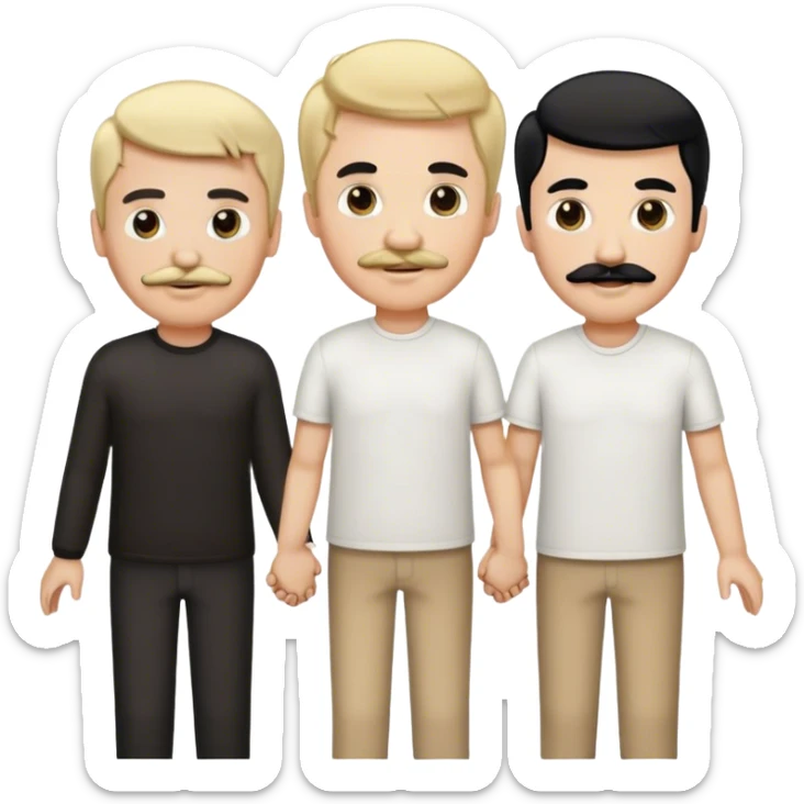 Three men holding hands, all white, one with blonde hair, one with black hair and a mustache, and one with brown hair sticker