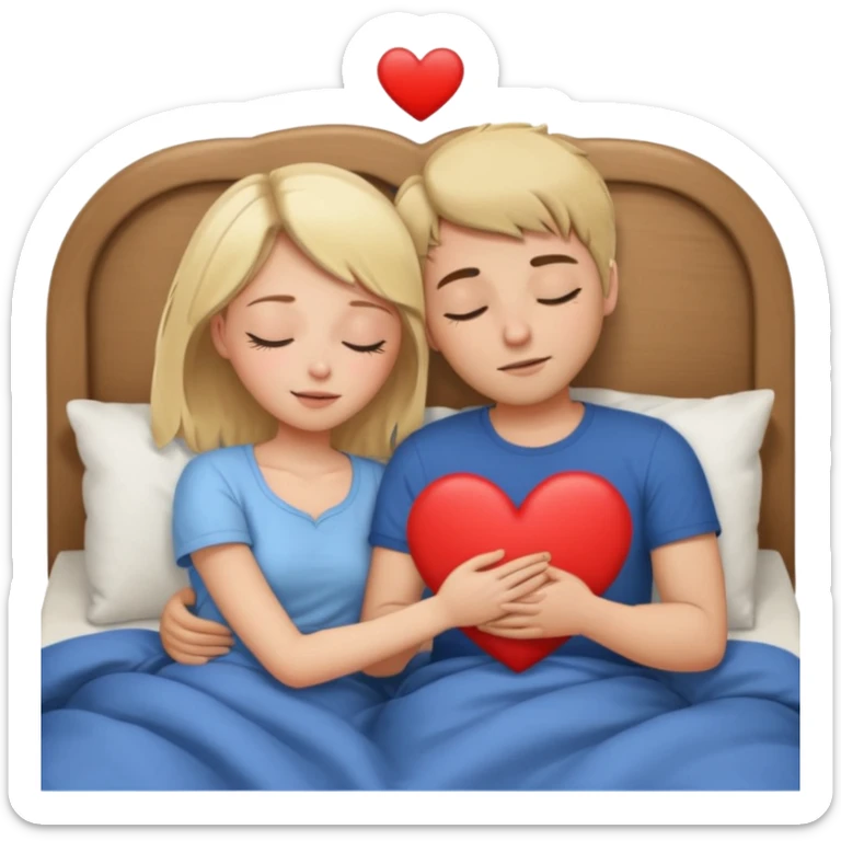 cuddling in bed, asleep. blonde girl. brunette man. eyes closed. heart between them. no headboard sticker