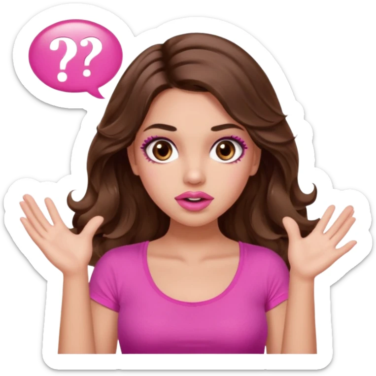 girl with long wavy brown hair, brown eyes, long lashes makeup, sexy pink lips, light to medium complexion, pink sexy top, two hands up, shrugging, confused questions mark bubble sign sticker