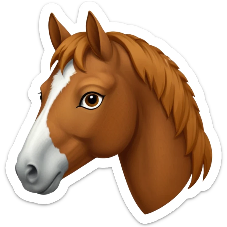 Head of a sorrel horse with a wide white blaze from his forehead, under his forelock, running down his face and under his muzzle, facing forward. sticker