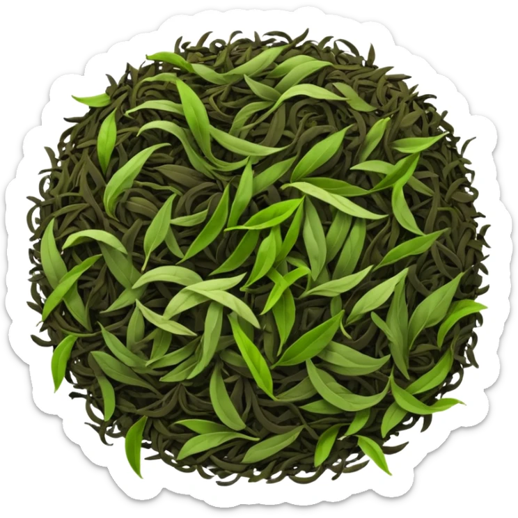pile of loose tea leaves, scattered or clustered, curled and twisted, dark brown, black, green, olive, dry and crinkled, fine texture, clean style sticker