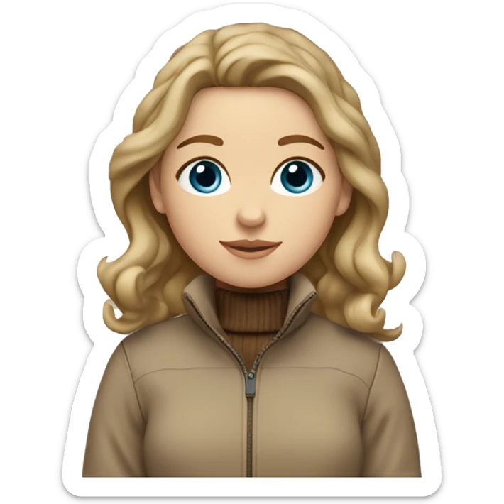 White girl with dark blonde wavy hair and blue eyes. She wears a beige lubber jacket with a brown turtle neck pullover and a brown beanie on her head. sticker