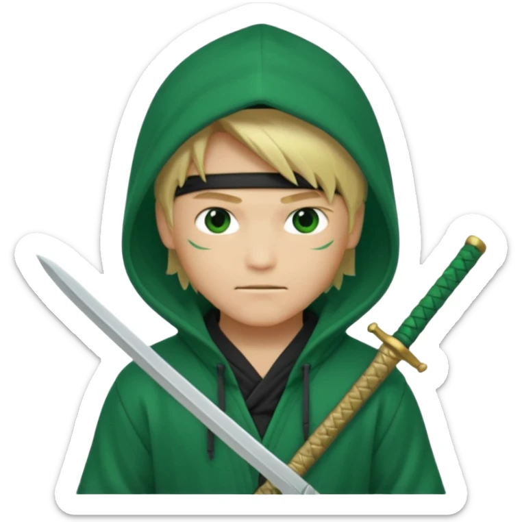 Green ninja Lloyd garmadon blonde hair, kaptur hoody on his head but blonde grzywka visible; the bottom left one is best (the one without miecze + black band + no mask of face) but add miecz; I want no band on head ; I don’t want any band on forehead sticker