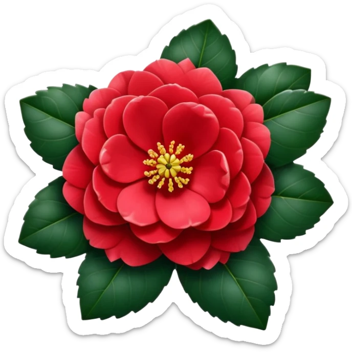 Traditional red camellia japonica (tsubaki) flower with perfectly symmetrical layered petals and glossy dark green leaves sticker