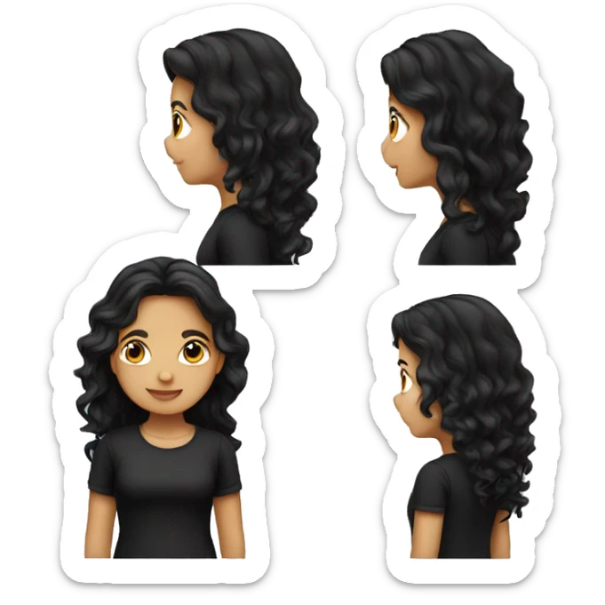 Pretty Hispanic girl with long black wavy hair and black shirt sticker
