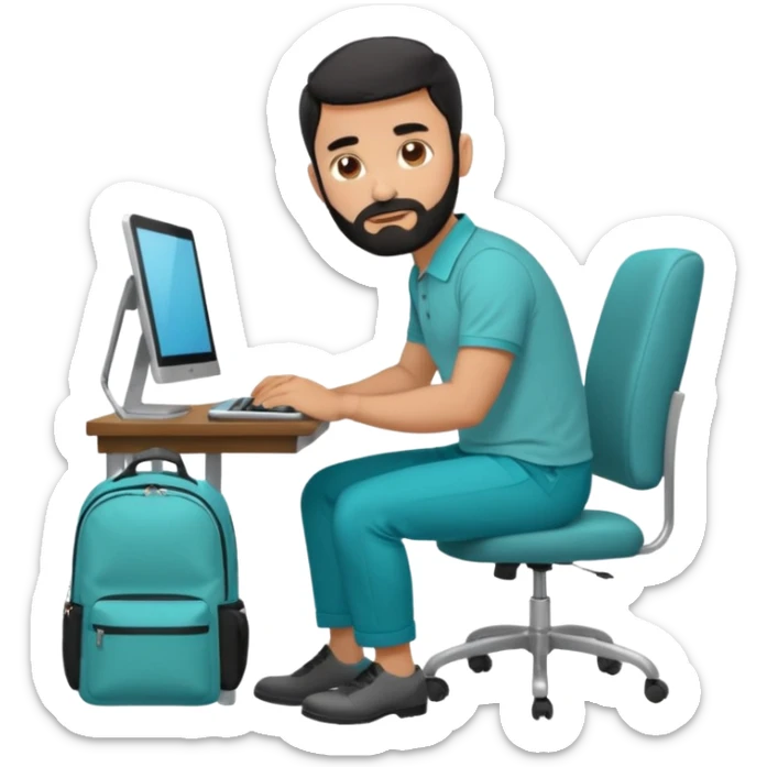 man with black short male hair and black hair and beard and hes in a office with his grey backpack on the floor and he has a tourquose polo shrit with gre dress pants and hes working at a hotel  hes on the co,ptuer  at his desk and he inly has one backpack its on the floo sticker